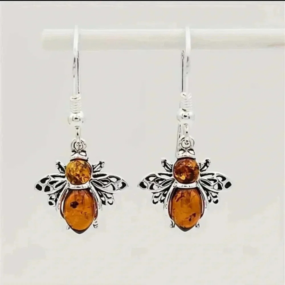 1 pair ladies amber silver colored bohemian vintage dangle drop earrings